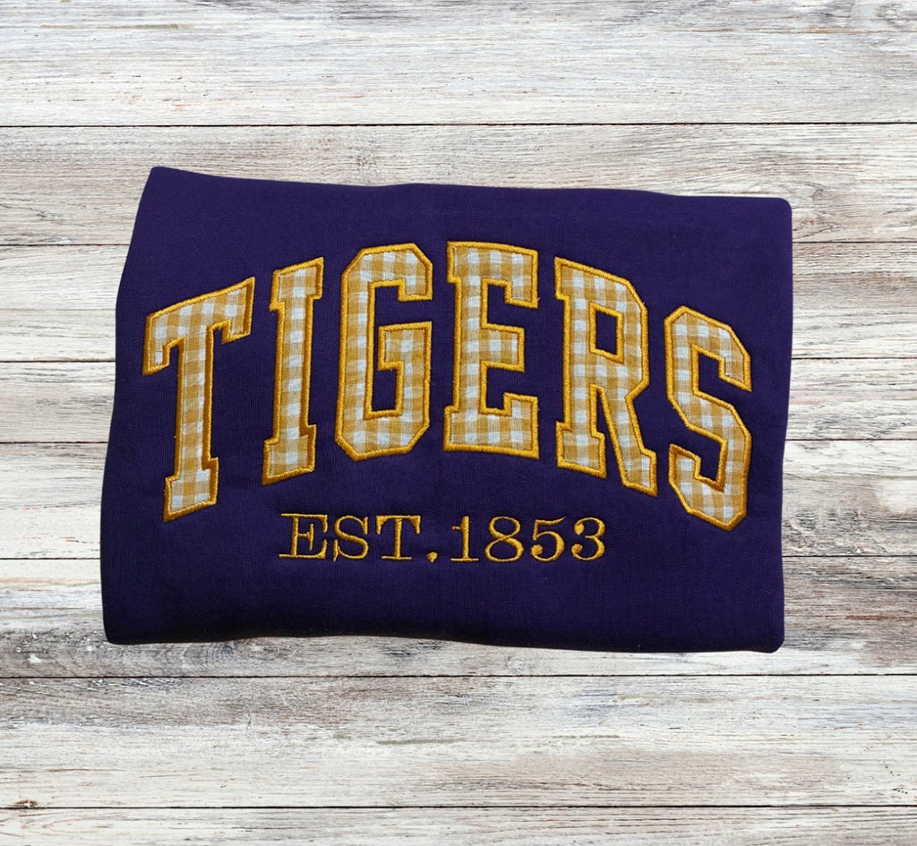 LSU Tigers Gingham Appliqué Embroidered Sweatshirt