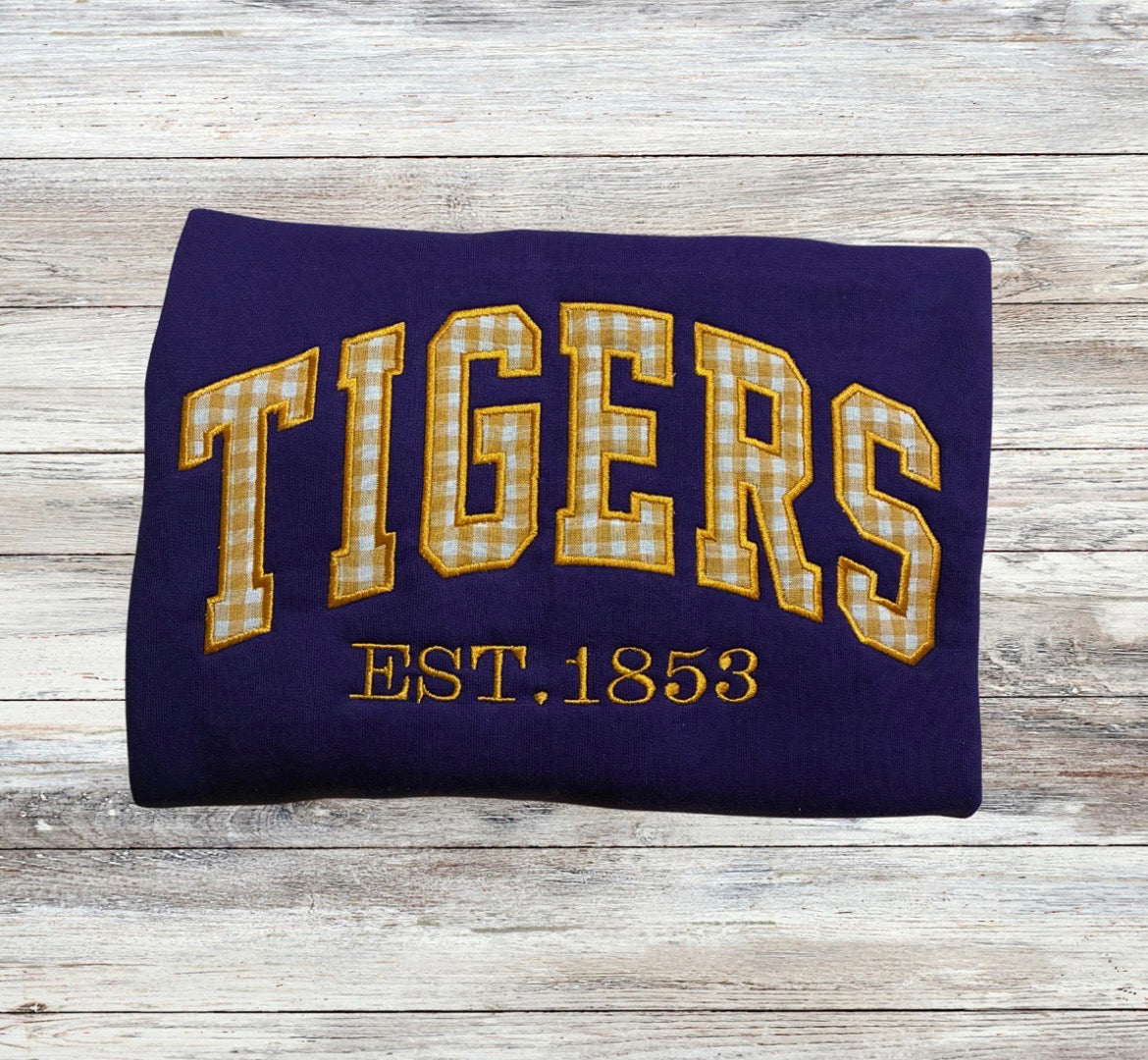 LSU Tigers Gingham Appliqué Embroidered Sweatshirt