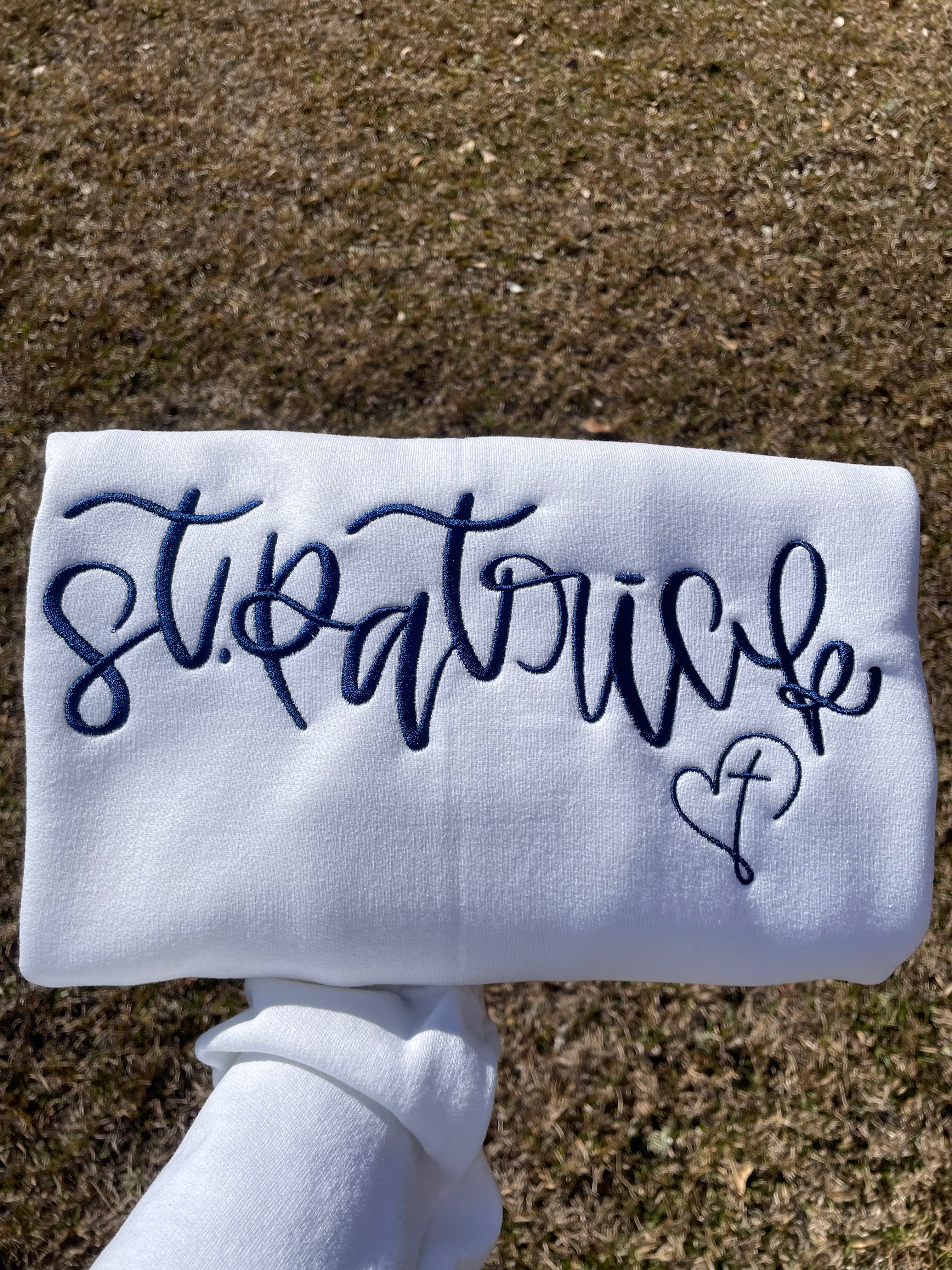 St. Patrick Embroidered Script Sweatshirt with Cross Detail