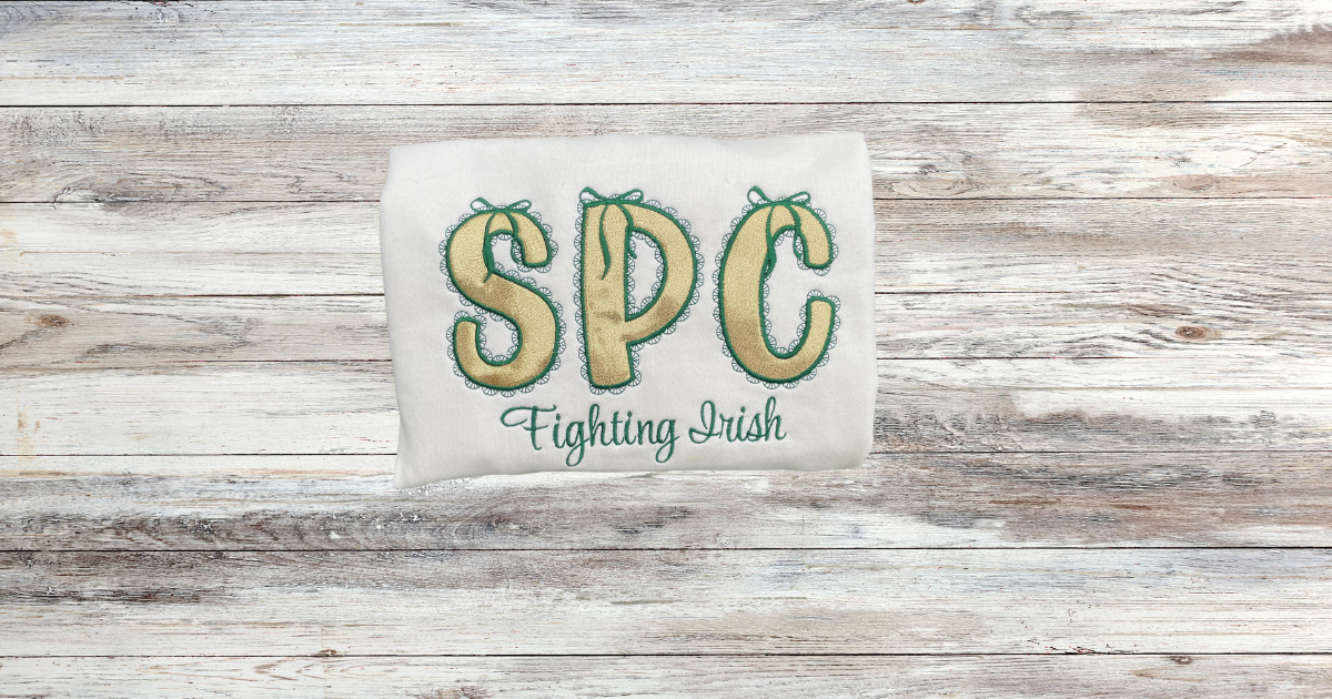 SPC Fighting Irish Embroidered Sweatshirt - Beige, Gold & Green School Spirit Crewneck
